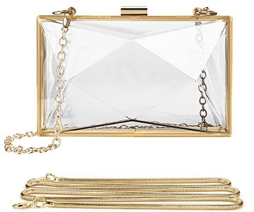 Linkidea Women Clear Purse, Acrylic Box Evening Clutch Bag, Transparent Rhombus Lady Party Wedding Crossbody Shoulder Handbag, Gold