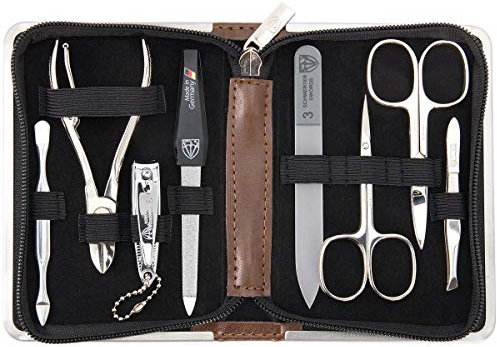 DREI SCHWERTER Germany Maniküreset Nagel Set 'Andria' - 8-tlg. aus braunem Kunstleder, Inhalt: Nagelschere, Nagelzange, Glasnagelfeile, Hautschere, Pinzette und vieles mehr!