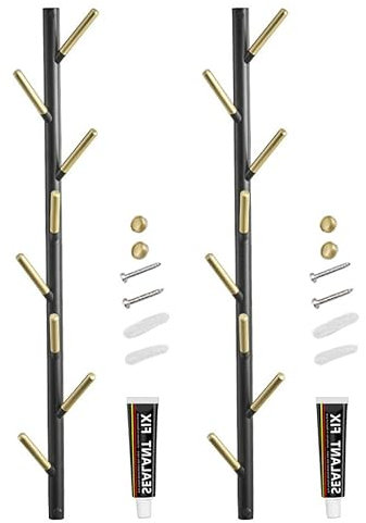 Wandgarderobe Baum Messing Metall zum Schrauben Kleiderstange Vertikal Garderobe der Wand Montiert Wandregal Schwarz&Gold für Halle Korridor Schlafzimmer Wohnzimmer Badezimmer, 8 Haken