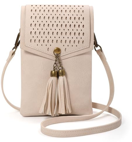 seOSTO Damen Doppelten Handytasche mit Fransen & Außenzip-Tasche - PU Leder Umhängetasche, Verstellbarer Schulterriemen mit Quasten (Aprikose)