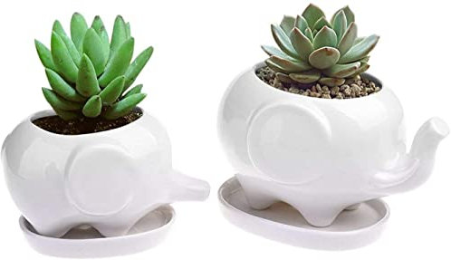Niedlicher Elefanten-Blumentopf mit Tablett, moderne weiße Keramik-Übertöpfe für Sukkulenten / kleine Blumentöpfe