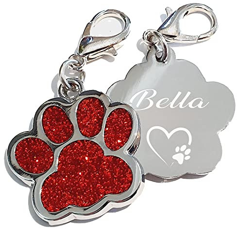 Edelstahl Hundemarke mit Gravur Glitzerpfote Plakette graviert Name Telefonnummer Adressanhänger personalisiert dog tag für Hunde oder Katzen (rot), 27x29x2,20 mm (ca. 2 Euro Münze), PIU-HM-Pfote-01