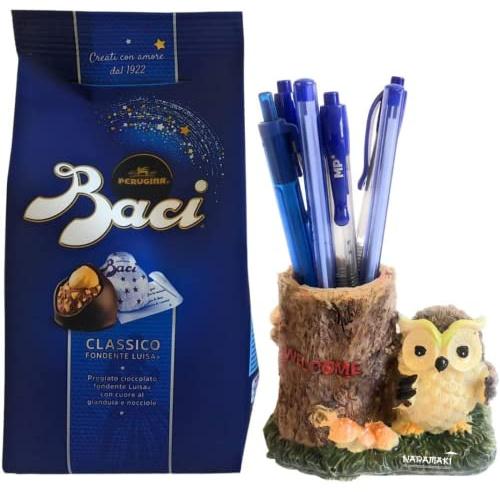 NARAMAKI Baci Perugina Regalo Festa del Papà 2025 - Gufo In Resina 10x8x6 + Baci Perugina 125g - Regalo Uomo e Donna Compleanno (Gufo Porta Penne)