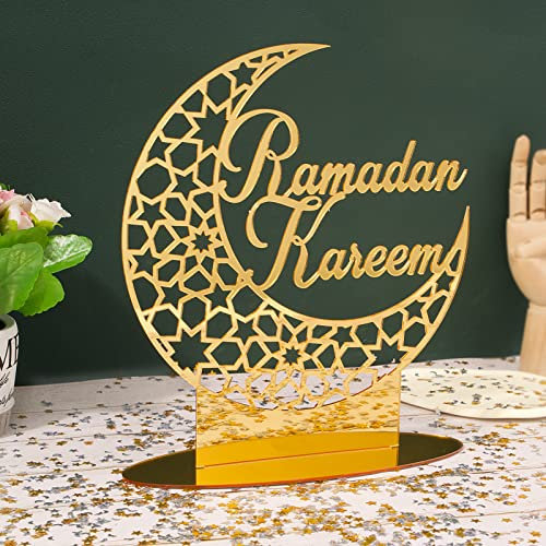 COLOFALLA Ramadan Deko Tischdeko Eid Mubarak Gold Schild zum Hinstellen Ramadan Aufsteller mit 500Pcs Streudeko Konfetti Sterne Mond Dekoraion für Islamische Party Bankett Muslim (Gold)
