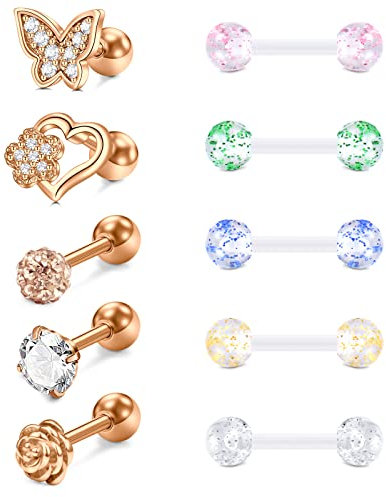 AVYRING Tragus Piercing Stud Ohr Bioflex & Chirurgenstahl 16G Helix Ohrstecker Ring Damen Glitzer Kugeln 10 Stück - Rose Gold