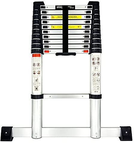 StepIt 3.8m Soft Close Safe Retraction Telescopic Ladder with Stabiliser Bar | Extendable Multi Purpose Ladder 150kg | 3 Yr Warranty | Portable Loft Ladders Extension Ladder