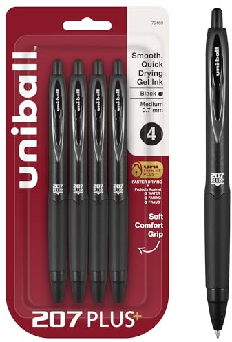 uniball 207 Plus+ Retractable Gel Pens, Medium Point (0.7mm), Black, 4 Pack