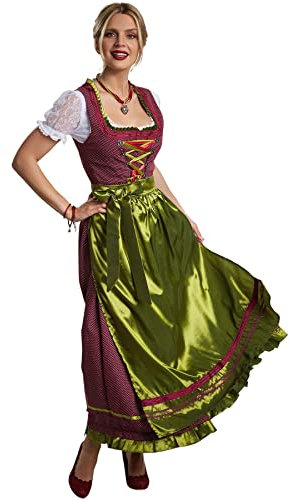 dressforfun Dirndl Damen Lang, Maxi Trachtenkleid mit Strasssteinen, feiner Schnürung, Rüschen-Ausschnitt und Zierborte, Trachtenrock Damen mit Schürze, Dirndl lang für Oktoberfest, rot/grün