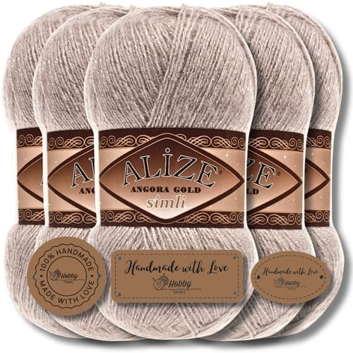 Hobby YARN Alize Angora Gold Simli - 5 gomitoli di lana vergine di alta qualità, 100 g, in lana vergine con effetto glitterato, filato per lavorare a maglia, tinta unita Yarn (Light Mink | 541)