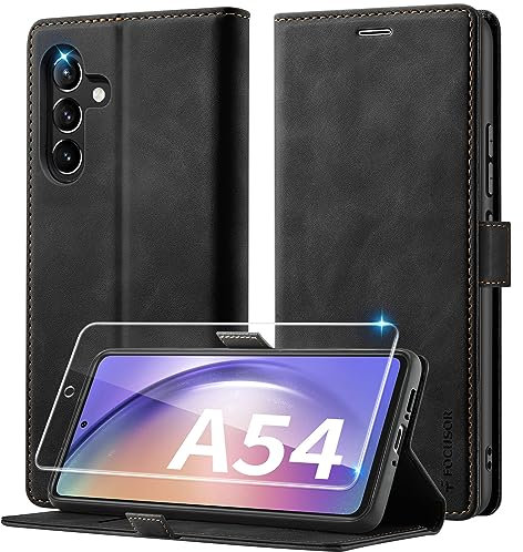 Focusor Handyhülle für Samsung Galaxy A54 Leder mit Panzerglas Schutzfolie,[Premium Leder][Kartenfach] Hülle für Samsung A54 5G Klappbar Flip Case Cover Stoßfeste Schutzhülle für Galaxy A54,Schwarz