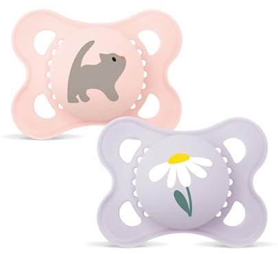 MAM Ciuccio 2-6 mesi con tettarella simmetrica, piatto e flessibile in silicone skin soft silicone facile accettazione, con scatola autosterilizzante, MAM originale, rosa opaco, confezione da 2