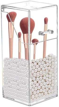 YIWONFU Make up Brush Holder with Lid and Pearls, 8.7 x 8.7 x 21 cm Makeup Brush Organiser Storage Box Transparent Clear Dustproof Case for Bathroom, Bedroom, Dress Table, Office