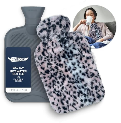 CHILLIPAK Luxury Hot Water Bottle with Cover UK - Large 2L Reusable Hot Water Bag for Pain Relief Back Neck Shoulder Belly with Cute Plush Soft Fluffy Cover - Multipurpose Hot Cold Compress
