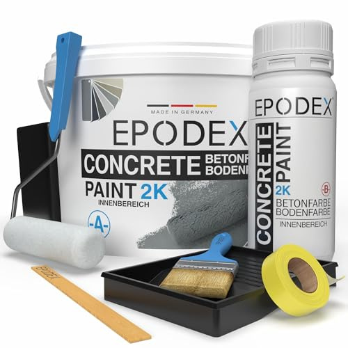 EPODEX 2K Betonfarbe, Bodenfarbe mit Zubehör - 3,6kg - Lichtgrau | 2K Epoxidharz Bodenbeschichtung, Garagenbodenbeschichtung, Keller, Garage, Werkstatt, wasserfest, Innen-9m² für 2 Anstriche