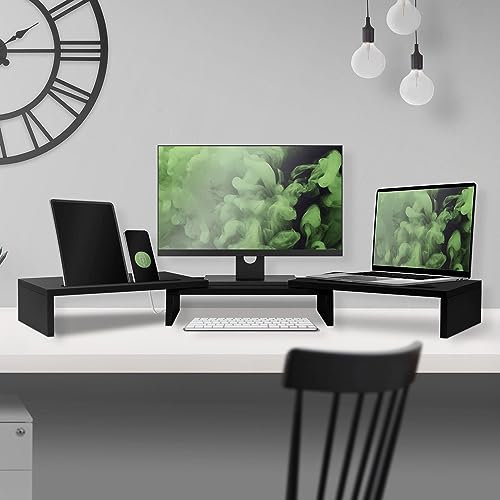 ML-Design Dual Monitor Stand Riser, aus Holz, Schwarz, Monitorständer für 2 Monitore mit verstellbare Länge und Schwenkwinkel, 2 Halteschlitz, Unterbau Bildschirm, Monitorerhöhung Bildschirmständer