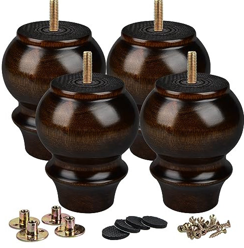 La Vane 4 inch Wooden Furniture Legs, 4PCS Soild Wood Turned Spindle Replacement Bun Feet with Pre-Drilled M8 Inch Bolt & Mounting Plate for Couch Sofa Cabinet Ottoman