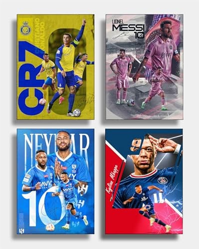 Football Poster, Football Superstar Poster Set of 4 Set Messi Poster Kunstdruck-Poster, Sport-Promi-Poster, Für Wohnzimmer, Raumdekoration (ungerahmt) (2023, 30X45 Cm)