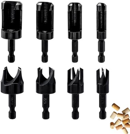 Treki 8 Stück Dübel Zapfenbohrer Set mit 6,35 mm Sechskantschaft Holz Plug Cutter Bohrer Set 6mm/10mm/13mm/16mm, Kohlenstoffstahl Zapfenschneider Set zum Bohren Loch Holzdübel für Bohrmaschine