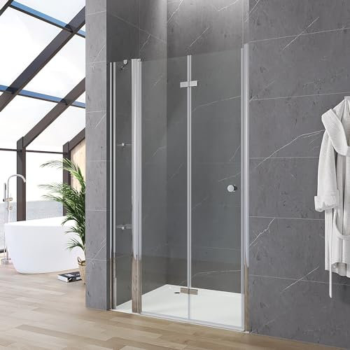 Duschtür Glas 100cm Verstellbereich 99-103 cm Falttür Drehfalttür an Festteil für Nische mit Duschablage, Chromoptik, Innen- und Außenöffnung, Hebe-Senk-Funktion, 5 mm ESG Echtglas klar, Höhe 187 cm