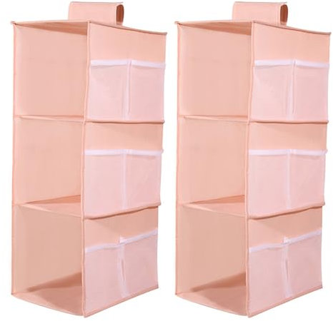2 Pezzi Organizer da Appendere, Armadio Salvaspazio 3 Scomparti, con Tasche Laterali, Armadio Salvaspazio, Sistema di Organizzazione Dell'armadio, Tessuto non Tessuto, Pieghevole, Rosa
