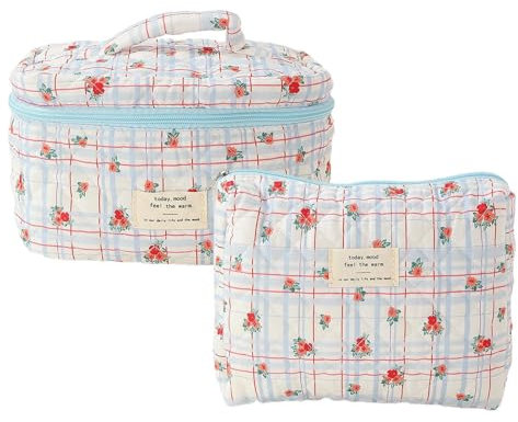 2 Trousses de Maquillage matelassées en Coton, Trousse Maquillage Florale à Fermeture éclair, Trousse de Toilette Femme Grande Capacité Trousse de Toilette Voyage Sac à Cosmétiques