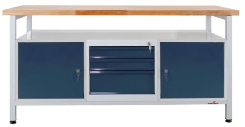 Steinbock Werkbank 3 Schubladen + 2 Türen + Boden | 170x84x60 cm | 500 kg | Grau | 500 kg Tragkraft | 4 cm geölte Massivholz-Arbeitsplatte aus Buche | stabiles Stahlgestell | Werktisch | Made in EU