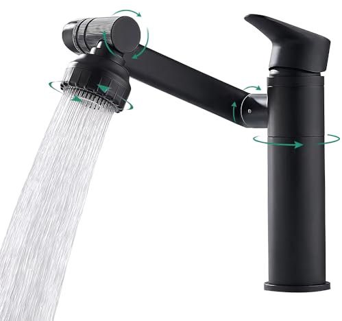 LONGHEXINA Bathroom Sink Taps, Black Basin Tap Mixers, 360°Swivel Bathroom Faucet with 2 Modes, Hot and Cold Water Taps for Bathroom Basin G1/2 Standard