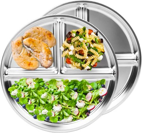 Bakpoco Edelstahl-Teller für Kinder, 2 Packungen, 22,9 cm, Portionskontrolle, geteilte Teller für Erwachsene, bariatrische Gewichtsverlust und Diabetiker-Diät, ungiftig, unzerbrechlich, Kleinkinder,