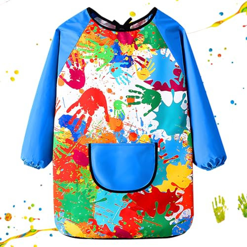 GEBETTER Malschürze Kinder Malerkittel für 7-11 Jahre Mädchen Junge Tuschkittel Wasserdicht Malkittel Bastelschürze mit Ärmeln und Big Taschen für Schule Kunst Malerei Kochen (Blau)