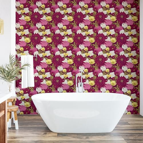 ABAKUHAUS Floral bohème Papier peint autocollant pour la maison, Fleurs Feuillues Oniriques, Accent de salon et de cuisine auto-adhésif, 33 cm x 250 cm, Rose pastel Framboise