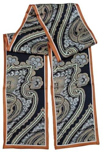 GIMIRO Satin Seidenschal Doppelschichten 150 x 16cm Krawatte Blumen Taillengürtel für Blazer, Mantel, Kleid (33# Dark Orange/Black Retro Pattern Gentle Men)