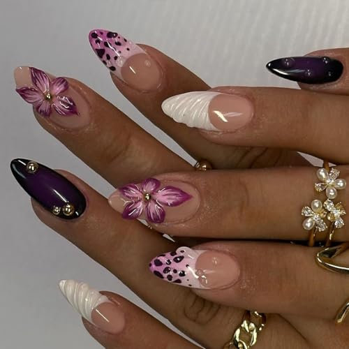 MouyouGlow Press on Nails Kurz,Almond Nude Weiß Leopard French 3D Bubble Lila Hibiskus Blumen Flowers Coquette Fake Nails mit Nagelkleber,Purple Frisch Künstliche Fingernägel