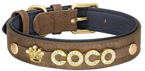 Personalisiertes Hundehalsband Mit Namen,Bling-Halsband,Personalisiertes Hundehalsband Aus Leder,DIY-Name,Knochen,Pfote,Herz-Anhänger,Braun,L