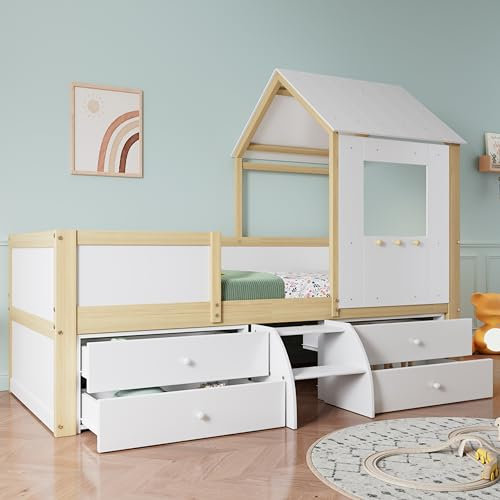 Ojiuboo Kinderbett, mittelhohes Bett, Hausbett-Design, mit Dach und Fenstern, vierseitiger Umzäunung, 4 Schubladen, mit Kleiner Treppe, Kiefer + MDF + Sperrholz, weiß + naturfarben, 90x200cm