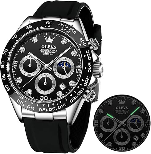 OLEVS Herrenuhr Business Luxus Diamond Moon Phase Männliche Uhr Chronograph Schwarz Zifferblatt Mode Kleid wasserdichte Datum Analoge Armbanduhr