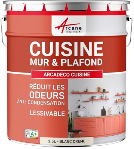 Peinture Cuisine Lessivable Anti-Odeur Mur Plafond 2.5 L Blanc Crème | Anti-Odeur de Cuisson, Ultra Couvrante, Lessivable, Limite les Moisissures, Murs et Plafonds - Arcane Industries