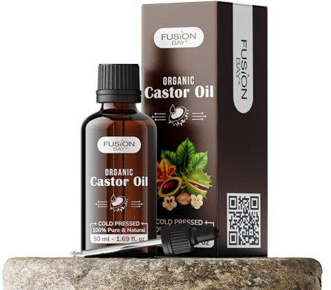 Fusion Bay Organic Castor Oil Cold Pressed – 100% Pure & Natural – Perfect for Skin, Hair, Beard, Eyelashes, Eyebrows & Nails in a premium glass bottle with a pipette. (50 ml)