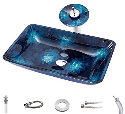 NSTVVEE Lavabo de Salle de Bain, lavabo sous Plan, lavabo de Salle de Bain en Verre trempé, lavabos de Salle de Bain à Poser, lavabo de Salle de Bain en Verre Bleu, lavabo de Salle de Bain