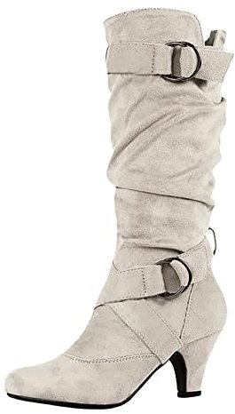 Generico Scarpe Donna Comode Invernali Stivali Gomma Donna Commercio Estero da Donna Autunno e Inverno Nuovo Tacco Medio Slip Fashion Mid Boots Stivale Donna con Gambale Largo Stivali (Beige, 37)