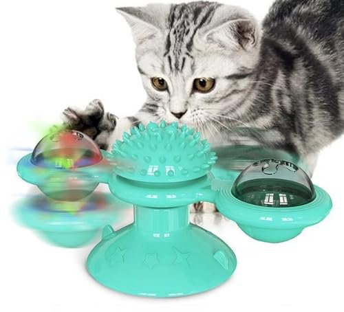 Interactive Windmill Cat Toys with Catnip, Interaktives Windmühlen Katzenspielzeug mit Katzenminze, Lustiges Katzenspielzeug mit LED-Leuchtball & Saugnapf, Drehbarer Katzenspielzeug für Katzen (Blau)