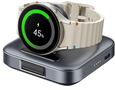 Tragbares Ladegerät für Samsung Galaxy Watch 8/8 Classic/7/Ultra/FE/6/6 Classic/5/5 Pro/4/4 Classic/3/Active 2/Active, 1800 mAh Ladestation für Reisen, SwanScout 303S (Tech Grau)