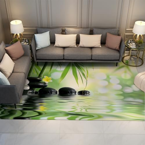 Tapis de bain noir Zen Stones Spa 100 x 200 cm avec motif floral blanc feuille eau relaxante nature asiatique tapis de yoga pour cuisine, toilettes et tapis de sol