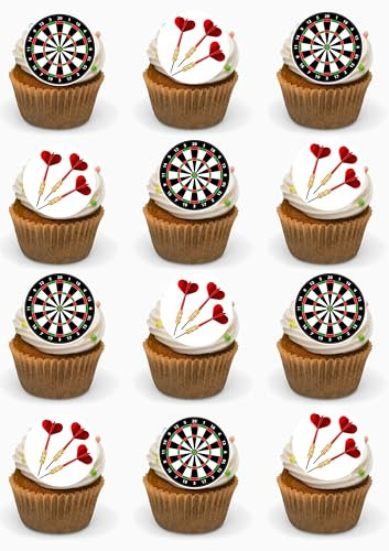 Darts Edible Cupcake Toppers Premium Wafer Card 24 Precut round Darts Party Fairy Cakes