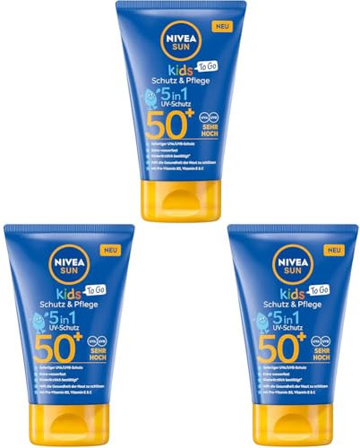 NIVEA SUN Kids Schutz & Pflege To Go LSF 50+ Sonnencreme, hoher Sonnenschutz mit Vitamin C & E, schweiß- & extra wasserfeste Sonnenlotion für empfindliche Kinderhaut (50 ml) (Packung mit 3)