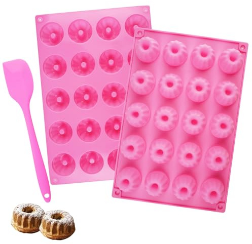 Mini Gugelhupfform Silikon, 2 Stück, 29×19.5×2 cm, Rosa | Antihaftbeschichtung, Mit Silikonspatel, Wiederverwendbar, Für Kuchen Muffins Brownie Pudding