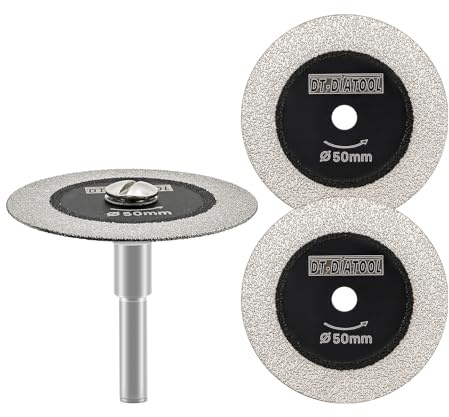 DT-DIATOOL Diamant-Glas-Trennscheibe, 3 Stück 50mm Mini-Diamant-Sägeblätter mit 1 Stück 6mm Schaft für Fliesen Keramik Porzellan Marmor Granit Kunststein auf Bohrmaschine 3er-Pack