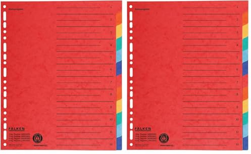 Original Falken Karton-Register überbreit für DIN A4+ 24,5 x 30 cm volle Höhe mit Organisationsdruck 12-teilig vollfarbig 2 x 6 Farben zur Ablage von Prospekthüllen (Packung mit 2)