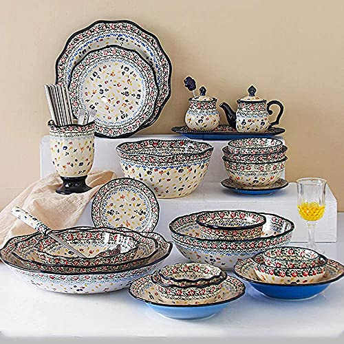 Juego De Vajilla De Porcelana para 8 Personas, Vajilla De Cerámica Pintada A Mano, Platos Y Cuencos De Estilo Pastoral, Aptos para Lavavajillas Y Microondas