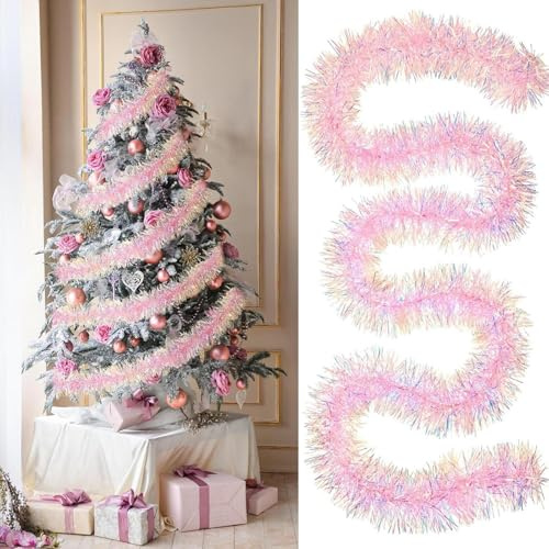 3 Stück Lametta Weihnachtsbaum, Lametta Girlande Rosa 2 Meters, Weihnachtsbaumschmuck Glitzer Folie Weihnachtsgirlande Treppe Kamin Aussen Deko, Hochzeit Geburtstag Party Zubehör