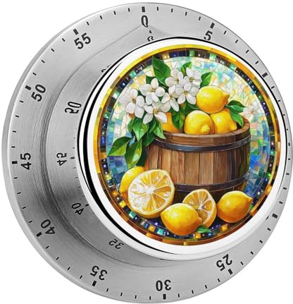 Küchentimer aus Buntglas und Holzfass mit gelben Zitronen, Kochuhr mit lautem Alarm, Keine Batterien erforderlich, mechanischer Tischtimer mit Magnetverschluss